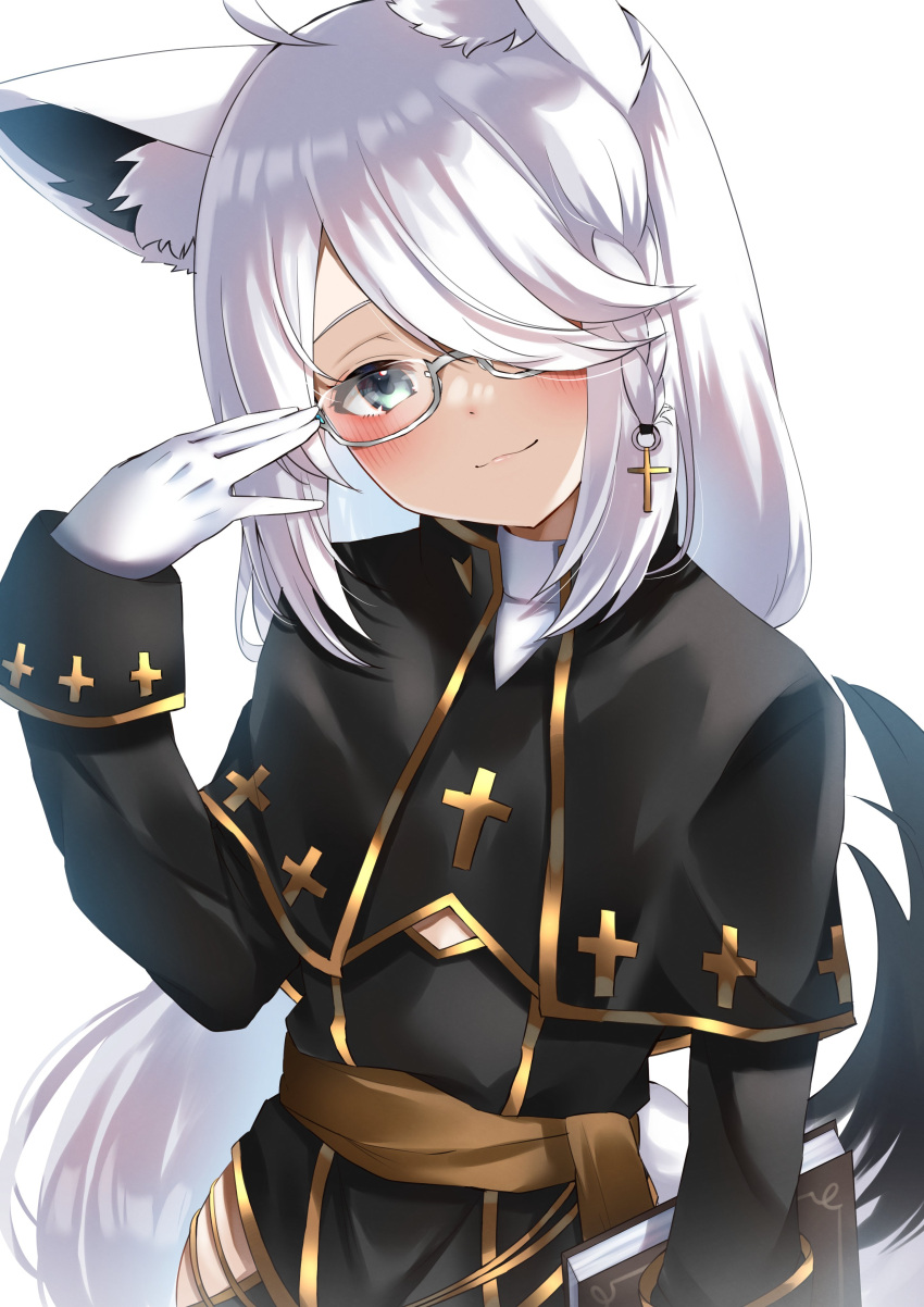 1girl, absurdres, adjusting_eyewear, ahoge, animal_ear_fluff, animal_ears, blush, braid