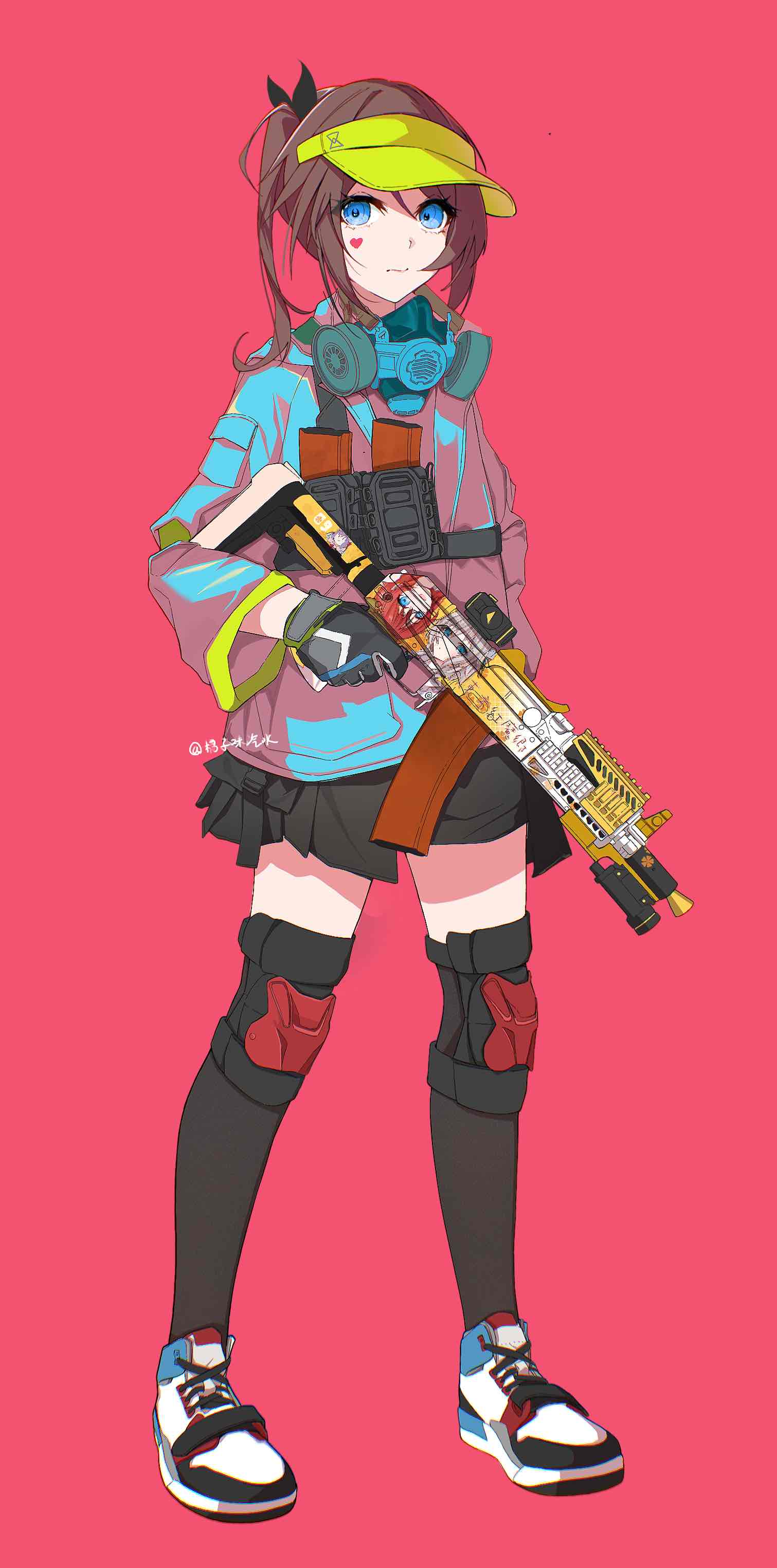 1girl, absurdres, assault_rifle, black_gloves, blue_eyes, blue_jacket, brown_hair, chinese_commentary, commentary_request, facial_mark, finger_on_trigger, full_body, gas_mask, gloves, gun, heart, heart_facial_mark, highres, jacket, jpeg_artifacts, juzi_wei_qishui, knee_pads, magazine_(weapon), mask, mask_removed, miniskirt, multicolored_clothes, multicolored_jacket, original, pink_jacket, ponytail, red_background, rifle, shoes, signature, skirt, sneakers, solo, thigh-highs, translation_request, two-tone_jacket, weapon