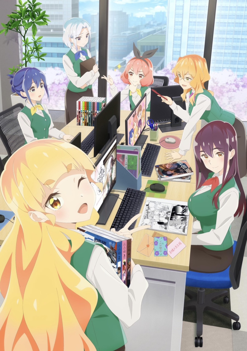 6+girls, april_fools, book, chibana_sumika, highres, holding, holding_book, keyboard_(computer)