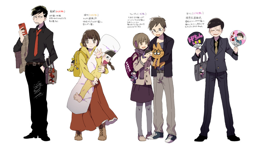 2girls, 3boys, atsushi_(osomatsu-san), backpack, bag, bag_charm, blunt_bangs, boots, braid, brown_hair, charm_(object), couple, dakimakura_(object), earmuffs, folding_fan, formal, freckles, glasses, glasses_boy_(osomatsu-san), hand_fan, hetero, highres, holding, holding_phone, implied_yaoi, jacket, jacket_removed, jyushimatsu's_girlfriend, long_hair, long_sleeves, matsuno_ichimatsu, matsuno_jyushimatsu, matsuno_osomatsu, matsuno_todomatsu, multiple_boys, multiple_girls, newo_(shinra-p), osomatsu-san, otaku, phone, pillow, short-haired_girl_(osomatsu-san), short_hair, single_braid, skirt, smile, spiky_hair, stuffed_animal, stuffed_toy, suit, tougou_(osomatsu-kun), white_background