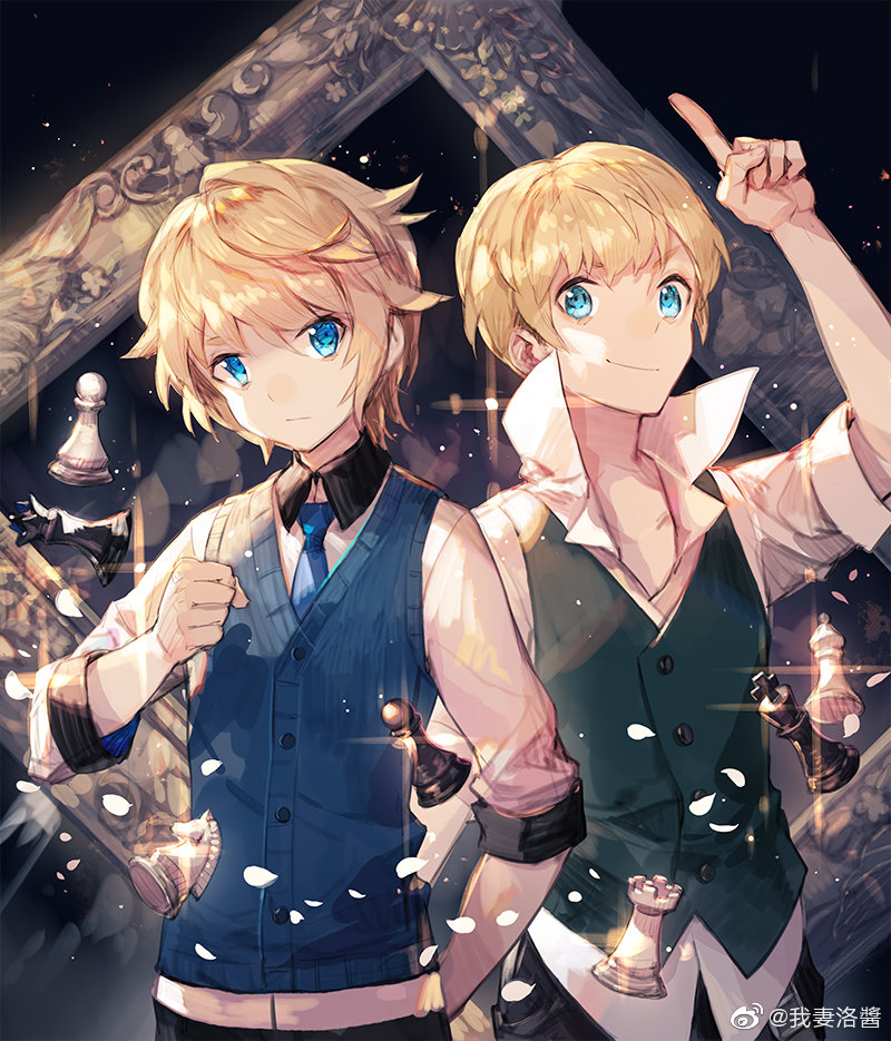 2boys, bishop_(chess), blonde_hair, blue_eyes, blue_vest, chess_piece, clenched_hand, collared_shirt