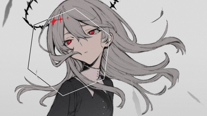 1girl, bad_id, bad_twitter_id, black_dress, bright_pupils, buttons, dark_halo, dress