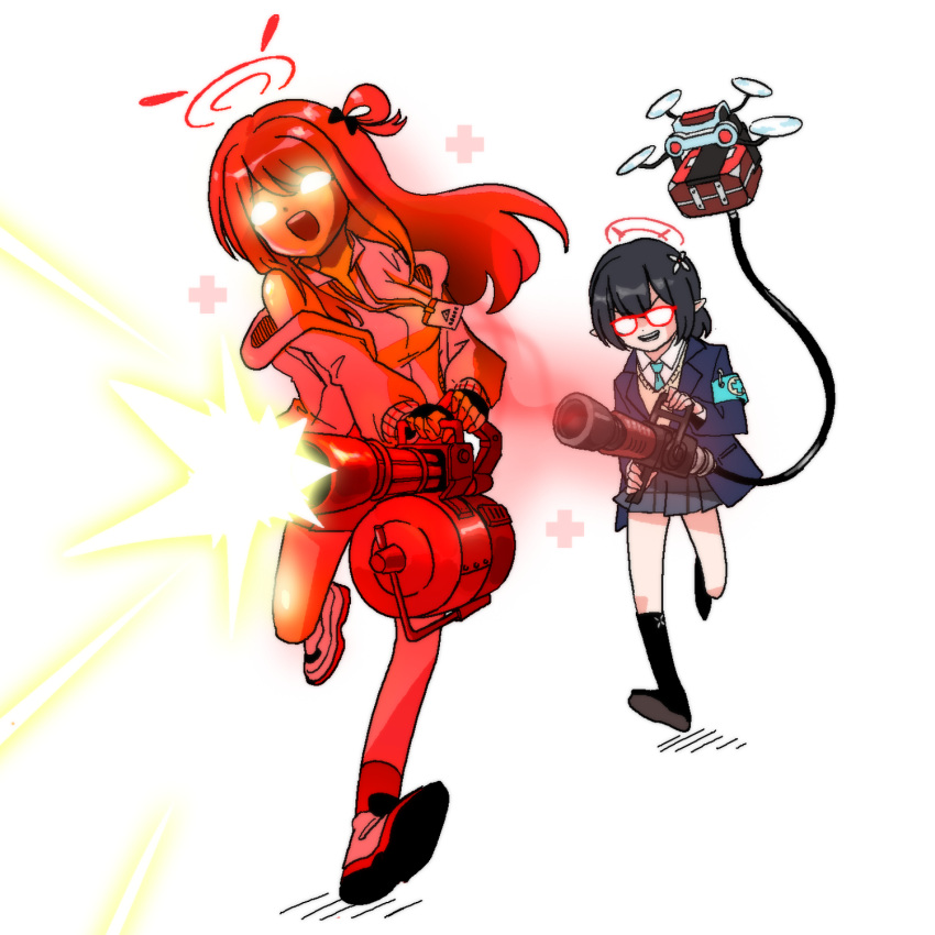 2girls, ayane_(blue_archive), blue_archive, commentary_request, drone, firing, gatling_gun, glasses