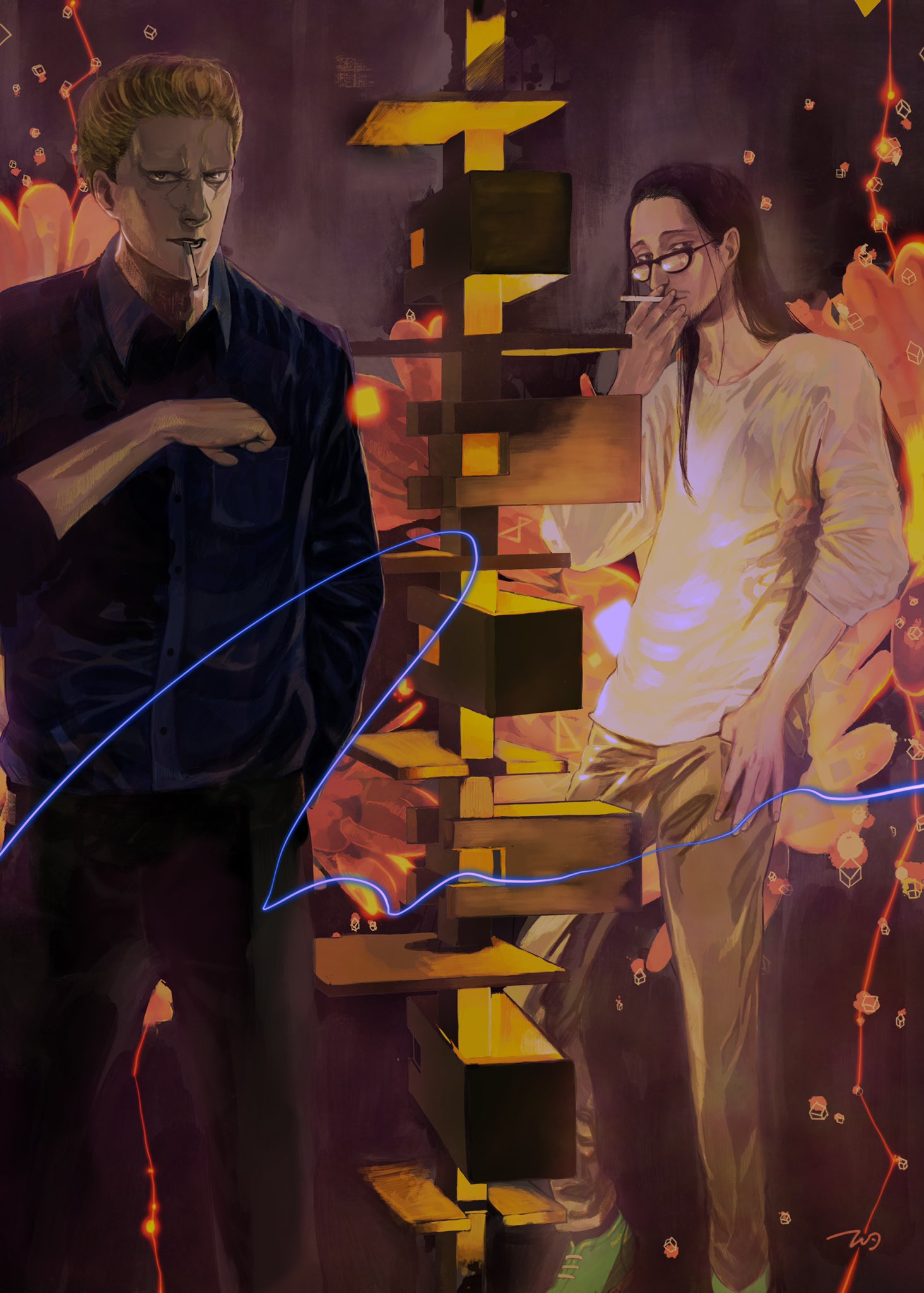 2boys, almostghost, black_hair, black_shirt, blonde_hair, cigarette, facial_hair, glasses