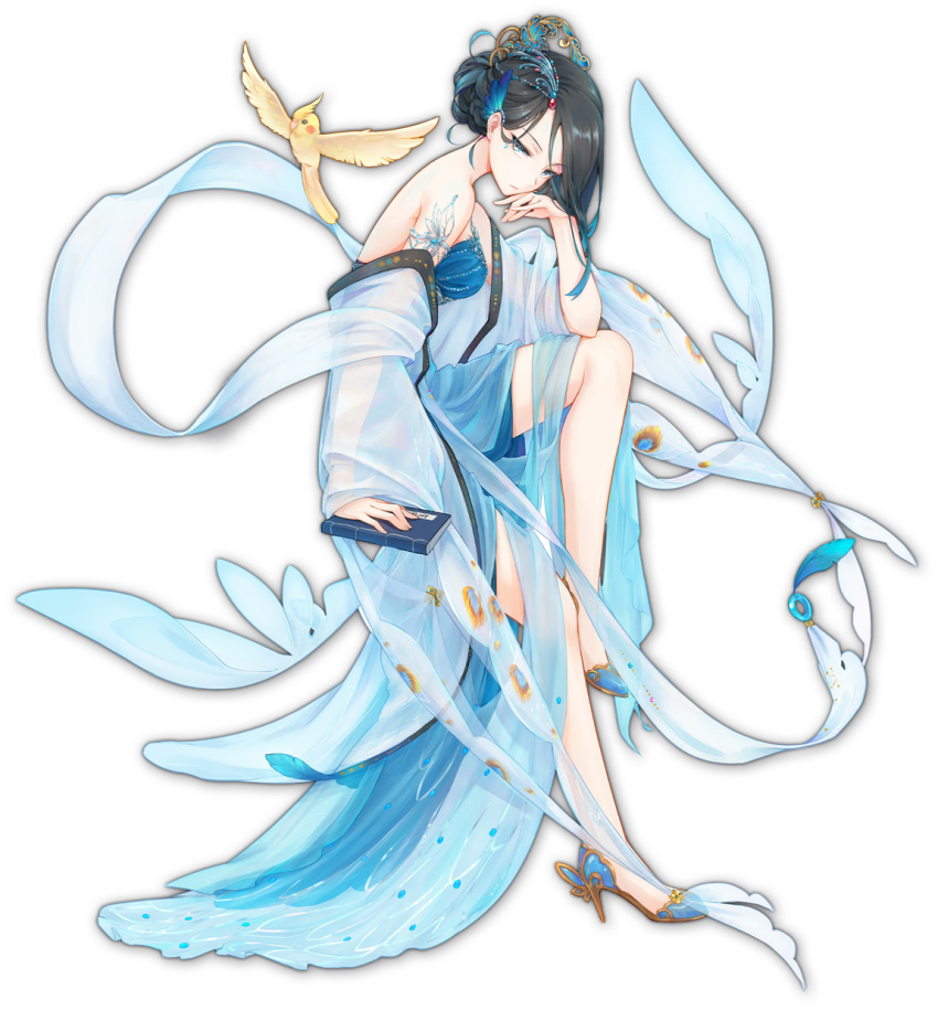 1girl, artist_request, bird, black_hair, blue_dress, blue_eyes, blue_hair, book