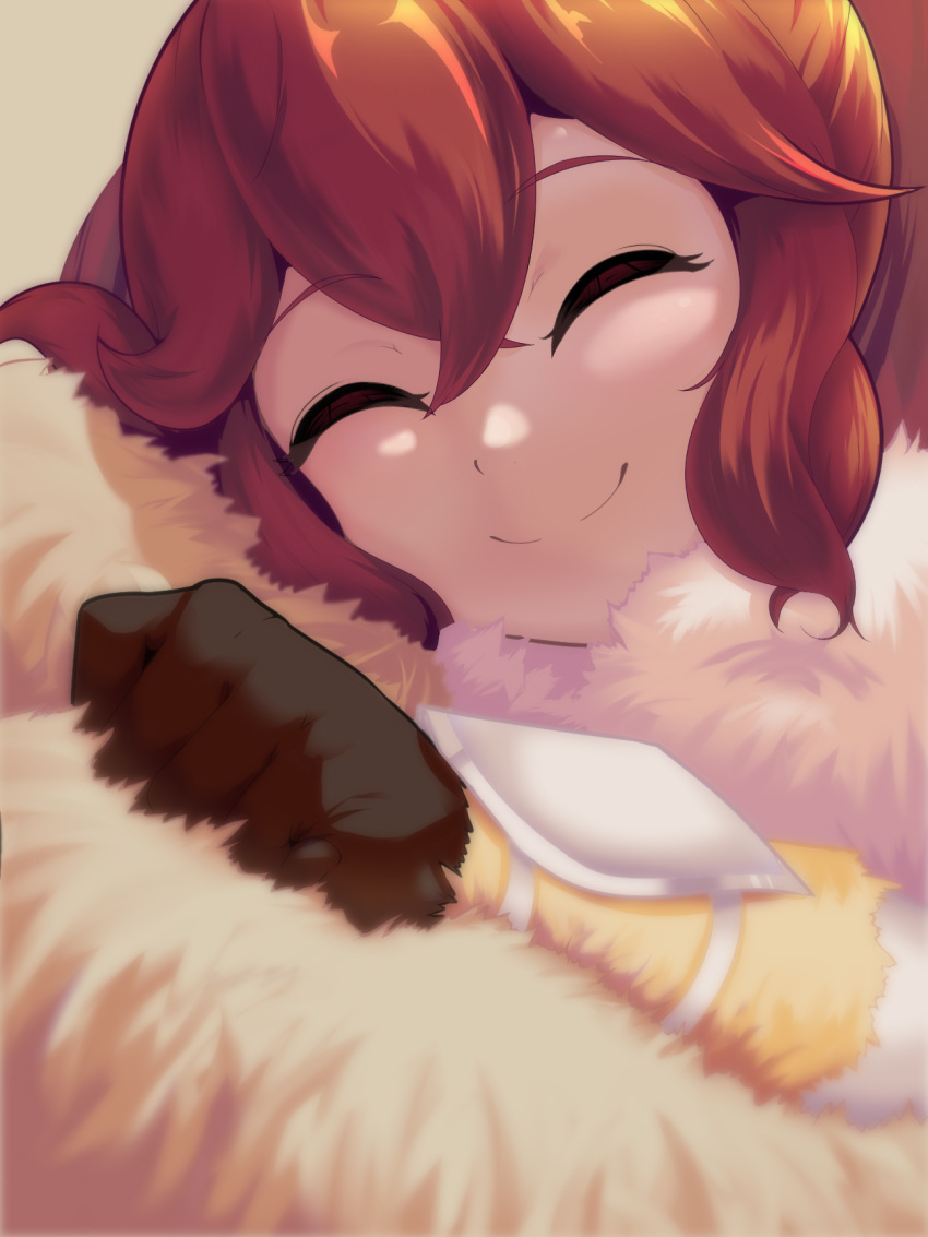 1girl, anna_(fire_emblem), bracer, closed_eyes, fire_emblem, fire_emblem_engage, fur_blanket, gloves, hair_between_eyes, highres, keldancon, ponytail, redhead, smile, solo