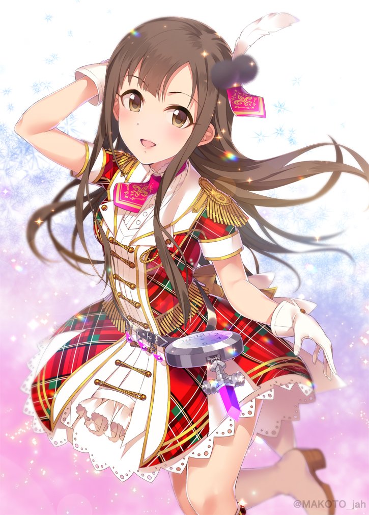 1girl, across_the_stars_(idolmaster), arm_up, blue_background, blush, boots, brown_eyes, brown_hair, clock, dress, feather_hair_ornament, feathers, gloves, gradient_background, hair_ornament, idolmaster, idolmaster_cinderella_girls, idolmaster_cinderella_girls_starlight_stage, knee_boots, long_hair, looking_at_viewer, mizuki_makoto, mizumoto_yukari, necktie, open_mouth, pink_necktie, plaid, plaid_dress, purple_background, red_dress, short_sleeves, smile, solo, sparkle, standing, standing_on_one_leg, twitter_username, white_gloves