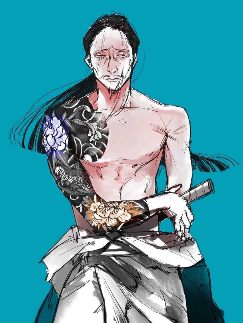 1boy, almostghost, arm_tattoo, black_hair, blue_background, facial_hair, hair_between_eyes, highres