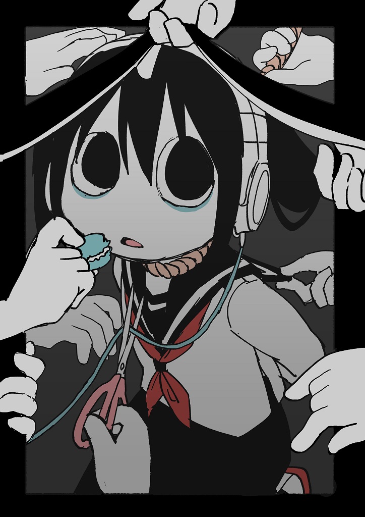 1girl, arms_behind_back, bags_under_eyes, black_sailor_collar, black_skirt, cable, clothes_grab, commentary_request, disembodied_limb, explosion_psycho, feet_out_of_frame, food, fourth_wall, haguruma_hasami, hand_in_another's_hair, hand_on_another's_head, headphones, holding, holding_food, holding_ribbon, holding_rope, holding_scissors, iei, looking_up, macaron, muted_color, neckerchief, open_mouth, original, outside_border, red_neckerchief, ribbon, rope, rope_around_neck, sailor_collar, school_uniform, scissors, serafuku, shirt, skirt, solid_eyes, solo_focus, too_many_hands, twintails, white_shirt