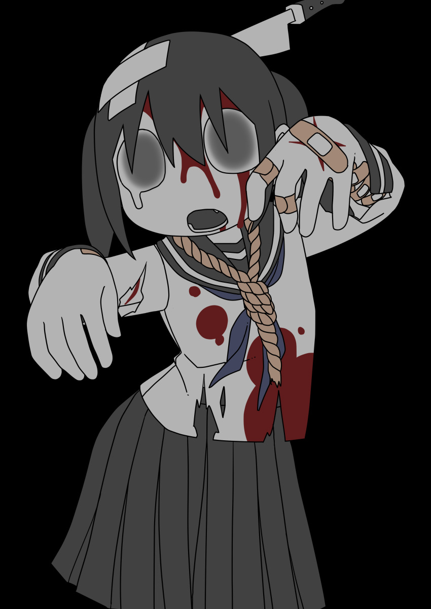 1girl, absurdres, bandaid, bandaid_on_arm, bandaid_on_hand, bandaid_on_head, black_background, black_hair