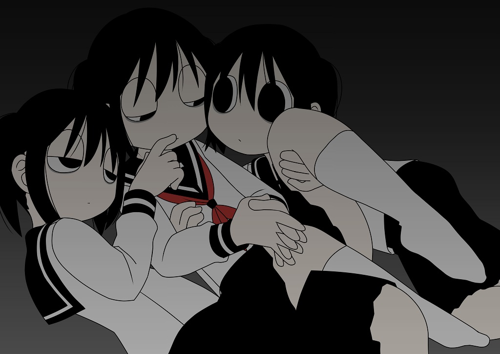 3girls, bags_under_eyes, black_background, clone, closed_mouth, explosion_psycho, expressionless, finger_to_another's_mouth, foot_up, gradient_background, haguruma_hasami, hair_strand, half-closed_eyes, holding_another's_leg, interlocked_fingers, knee_up, kneehighs, long_sleeves, looking_at_another, looking_away, lying, multiple_girls, neckerchief, on_back, on_side, original, own_hands_together, red_neckerchief, sailor_collar, school_uniform, serafuku, short_hair, skirt, socks, solid_eyes, twintails