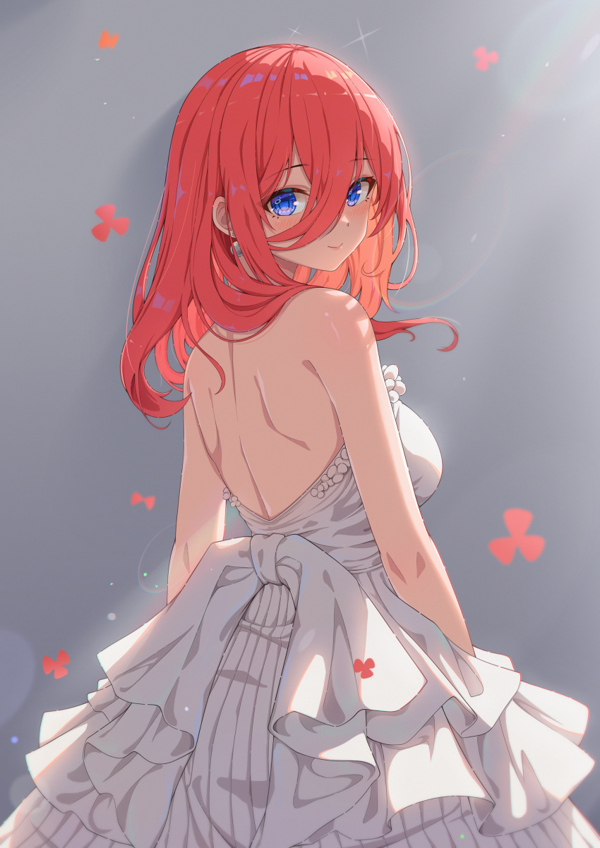 1girl, absurdres, arms_at_sides, back, backless_dress, backless_outfit, backlighting, bare_shoulders