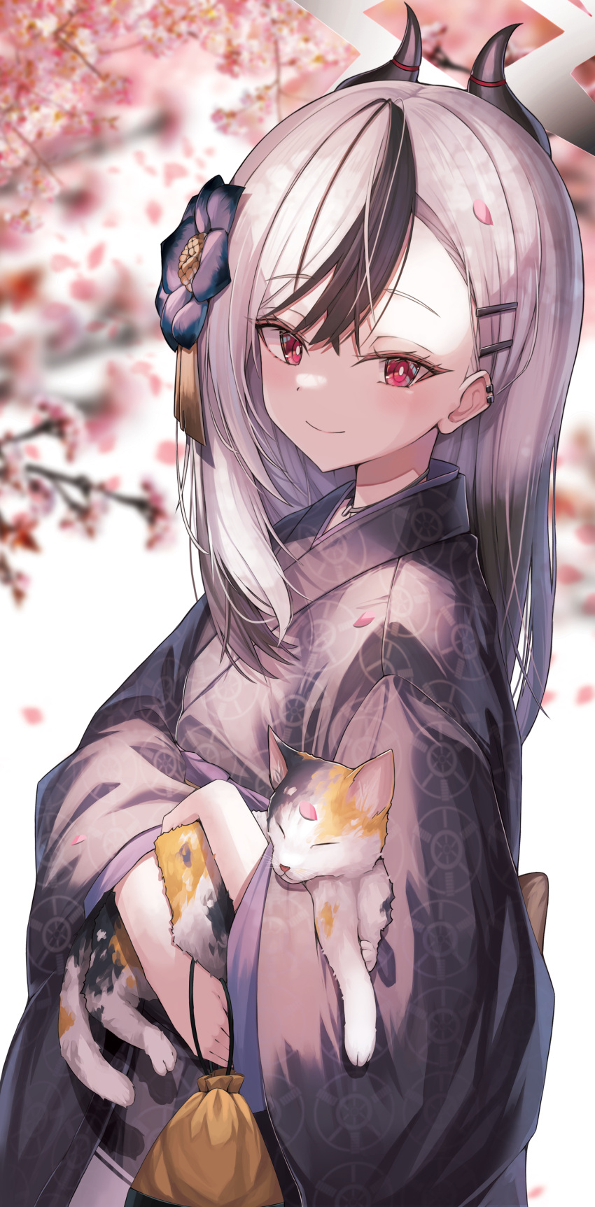 1girl, absurdres, alter_(kxk7357), animal, asymmetrical_bangs, black_hair, black_kimono, blue_archive