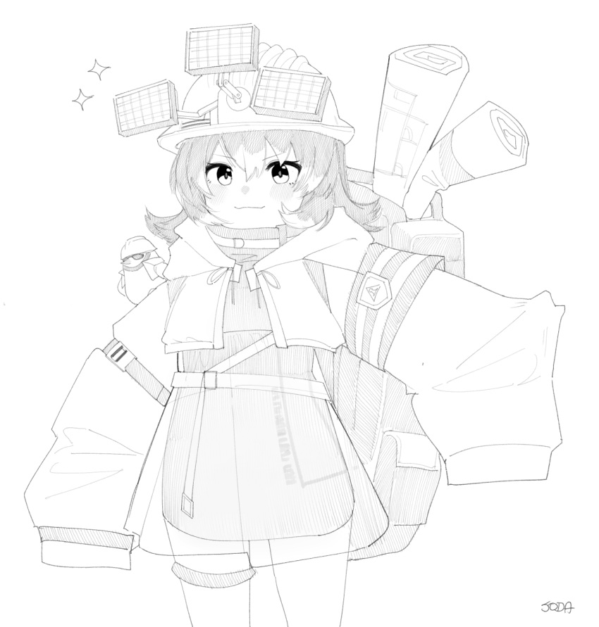 1girl, animal_on_shoulder, arknights, backpack, bag, bare_shoulders, bird, bird_on_shoulder, cement_(arknights), closed_mouth, cowboy_shot, crop_top, dress, greyscale, highres, hood, hood_down, long_sleeves, looking_at_viewer, monochrome, multicolored_hair, see-through, simple_background, sleeves_past_wrists, smile, soda_(sod4), solo, sparkle, thigh_strap, two-tone_hair, white_background