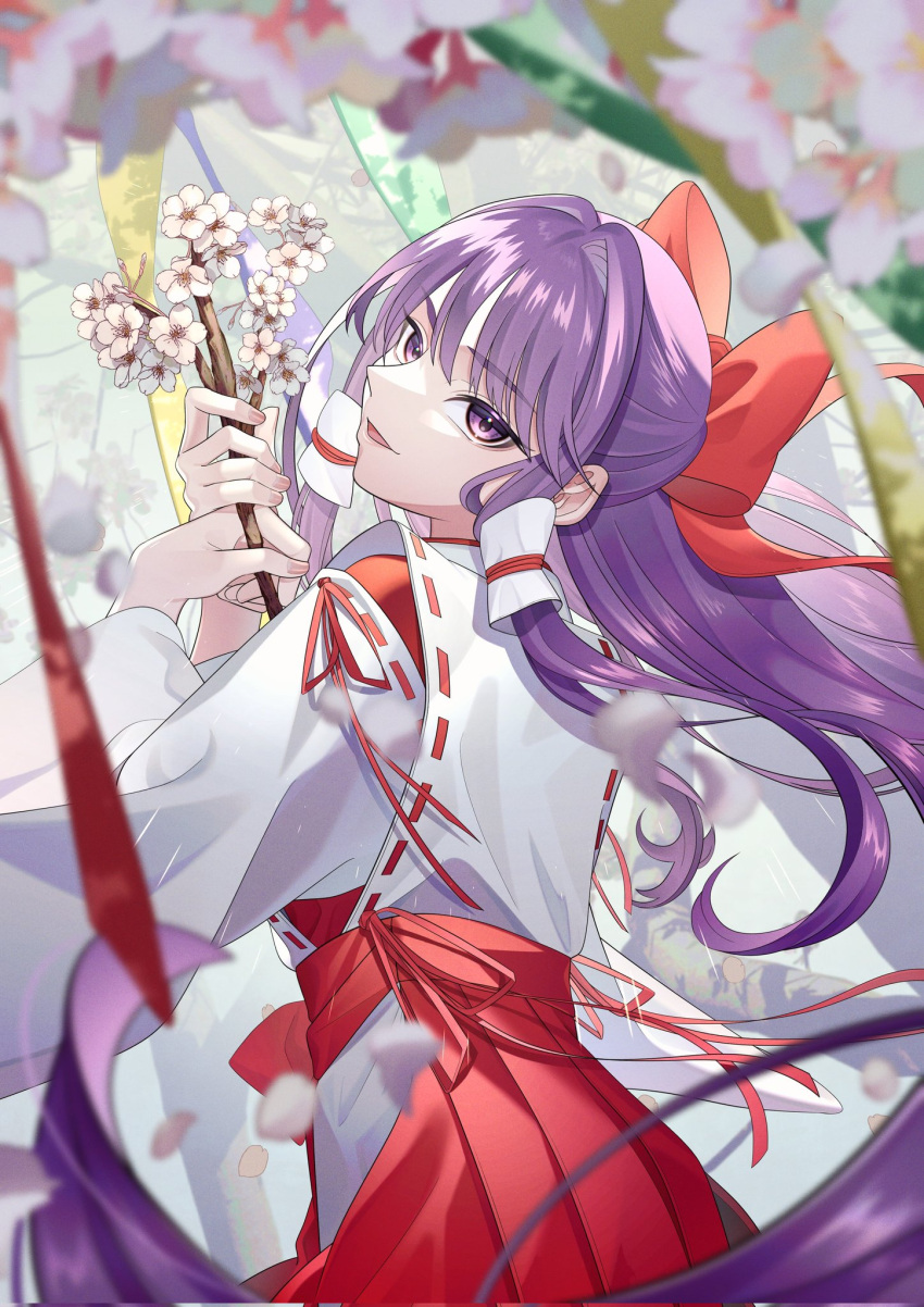 1girl, blurry, blurry_background, bow, branch, cherry_blossoms, falling_petals, floating_hair