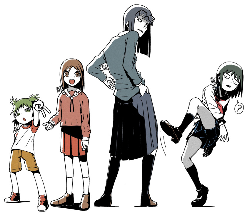 4girls, ?, artist_name, azumanga_daioh, azumanga_daioh's_school_uniform, black_hair, blue_jacket, blue_skirt