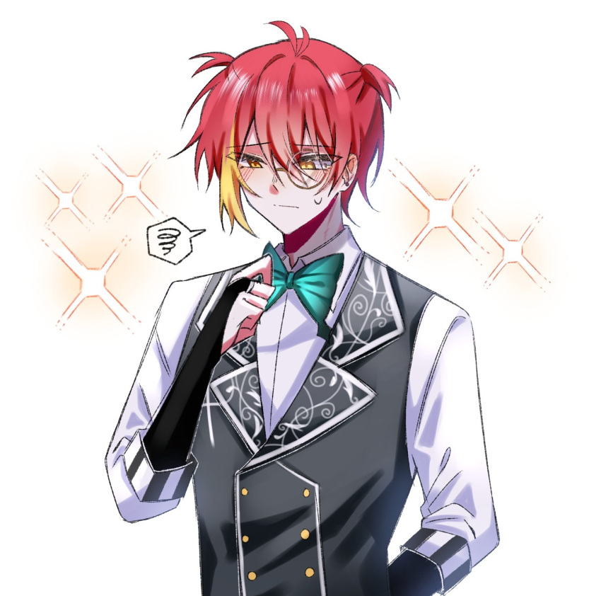 1boy, adjusting_bowtie, akuma_shitsuji_to_kuroi_neko, alternate_hairstyle, az_akio, black_vest, blonde_hair, blush