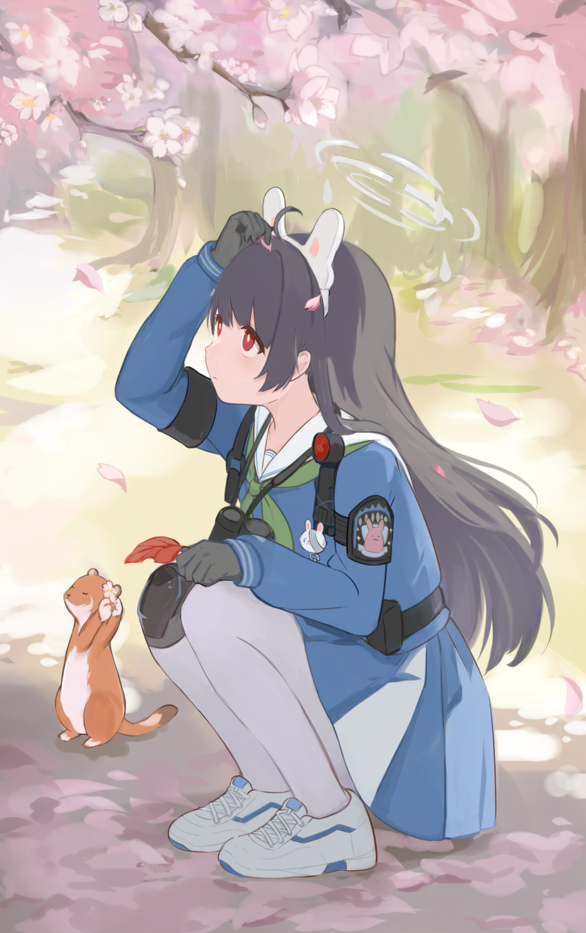 1girl, absurdres, ahoge, animal_ears, binoculars, black_gloves, black_hair, blue_archive