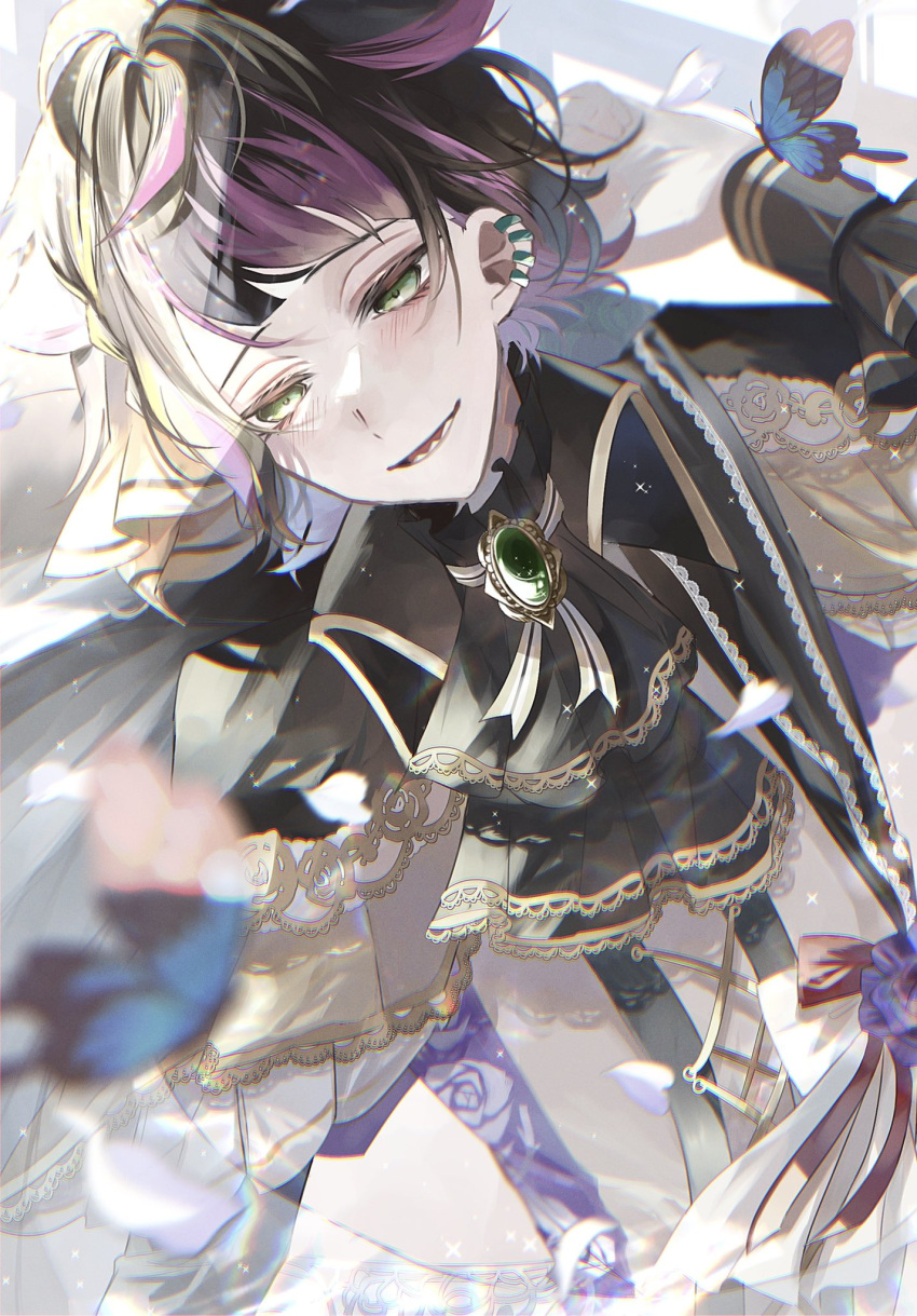 1boy, akuma_shitsuji_to_kuroi_neko, black_hair, blue_butterfly, blush, bug, butterfly, ear_piercing, green_eyes, highres, lamli_bennett, long_sleeves, looking_at_viewer, male_focus, mms_o0r, piercing, pink_hair, sharp_teeth, short_bangs, short_hair, solo, teeth