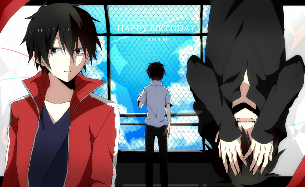 1boy, arm_at_side, black_eyes, black_hair, black_jacket, black_pants, black_shirt, blue_sky