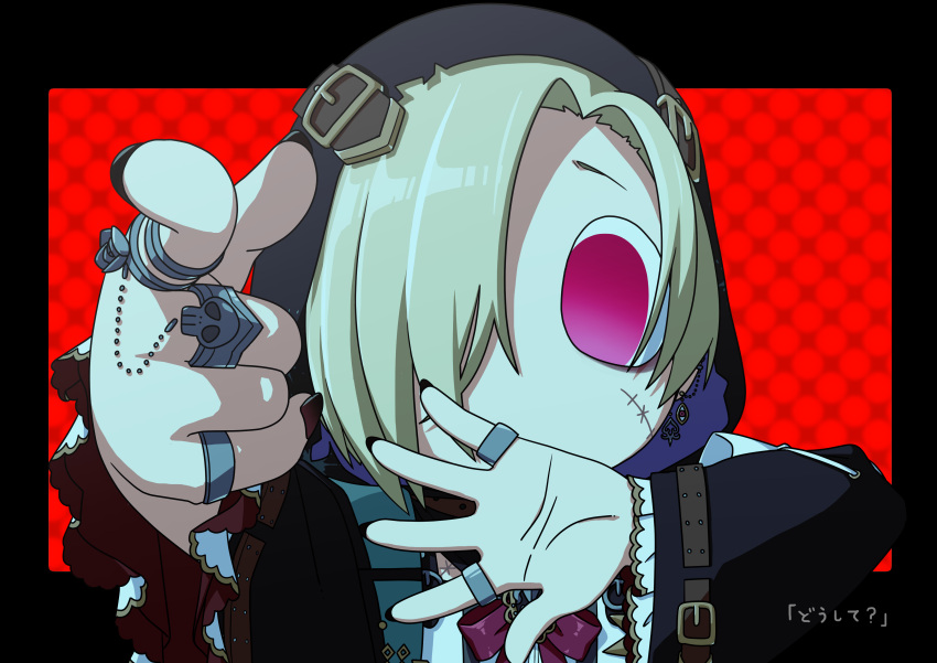 1girl, absurdres, black_border, black_nails, blonde_hair, border, bow, bowtie
