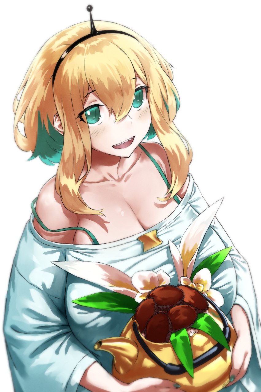 1girl, :d, amano_pikamee, aqua_camisole, black_hairband, blonde_hair, bright_pupils, colored_inner_hair, green_eyes, green_hair, green_nails, hair_between_eyes, hairband, haraya_manawari, highres, kettle, looking_at_viewer, multicolored_hair, off-shoulder_shirt, off_shoulder, open_mouth, sharp_teeth, shirt, short_hair, simple_background, smile, solo, teeth, two-tone_hair, virtual_youtuber, voms, white_pupils, white_shirt