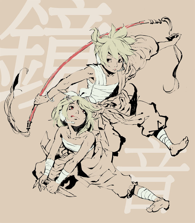 1girl, action, barefoot, beige, blonde_hair, bow, brother_and_sister, brown