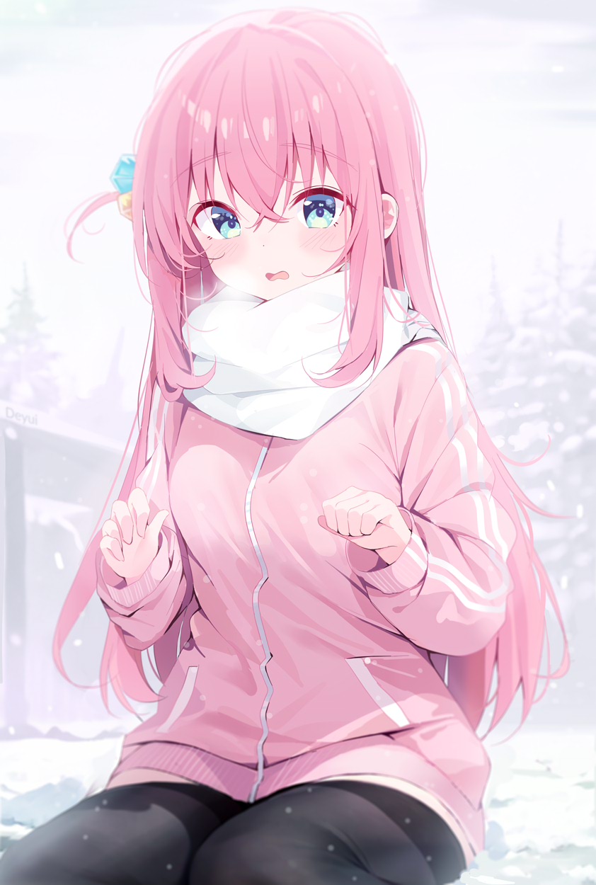 1girl, black_thighhighs, blue_eyes, blush_stickers, bocchi_the_rock!, breasts, breath, commentary_request
