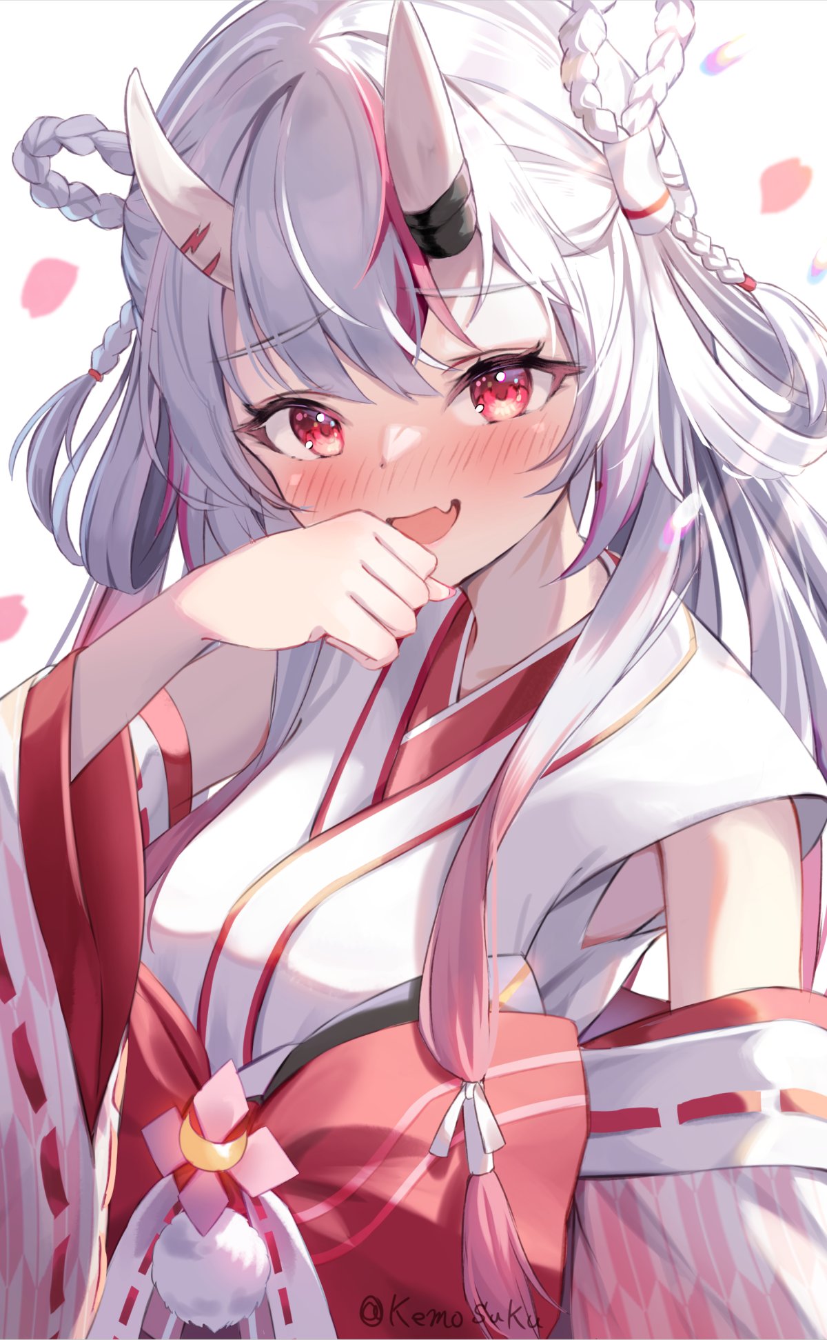 1girl, blush, braid, detached_sleeves, fang, gradient_hair, hair_rings, hair_tubes