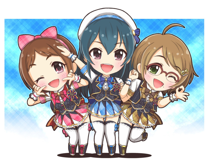 3girls, ahoge, ankle_boots, arm_up, blue_background, blue_dress, blue_ribbon, boots