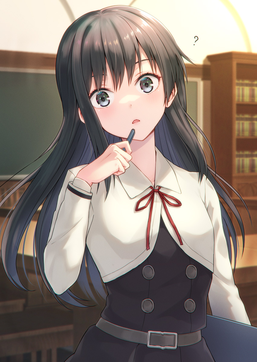 1girl, ?, asashio_(kancolle), asashio_kai_ni_(kancolle), belt, black_dress, black_hair, blurry