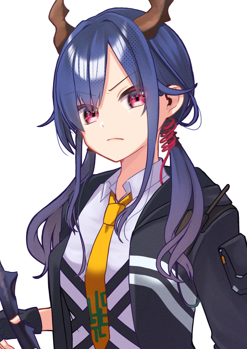 1girl, absurdres, arknights, black_gloves, black_jacket, blue_hair, ch'en_(arknights), closed_mouth, collared_shirt, dragon_horns, fingerless_gloves, gloves, headset, highres, holding, holding_sword, holding_weapon, horns, jacket, long_hair, looking_at_viewer, low_twintails, necktie, open_clothes, open_shirt, pink_eyes, shirt, simple_background, solo, sword, twintails, upper_body, v-shaped_eyebrows, weapon, white_background, white_shirt, yellow_necktie, yokuto