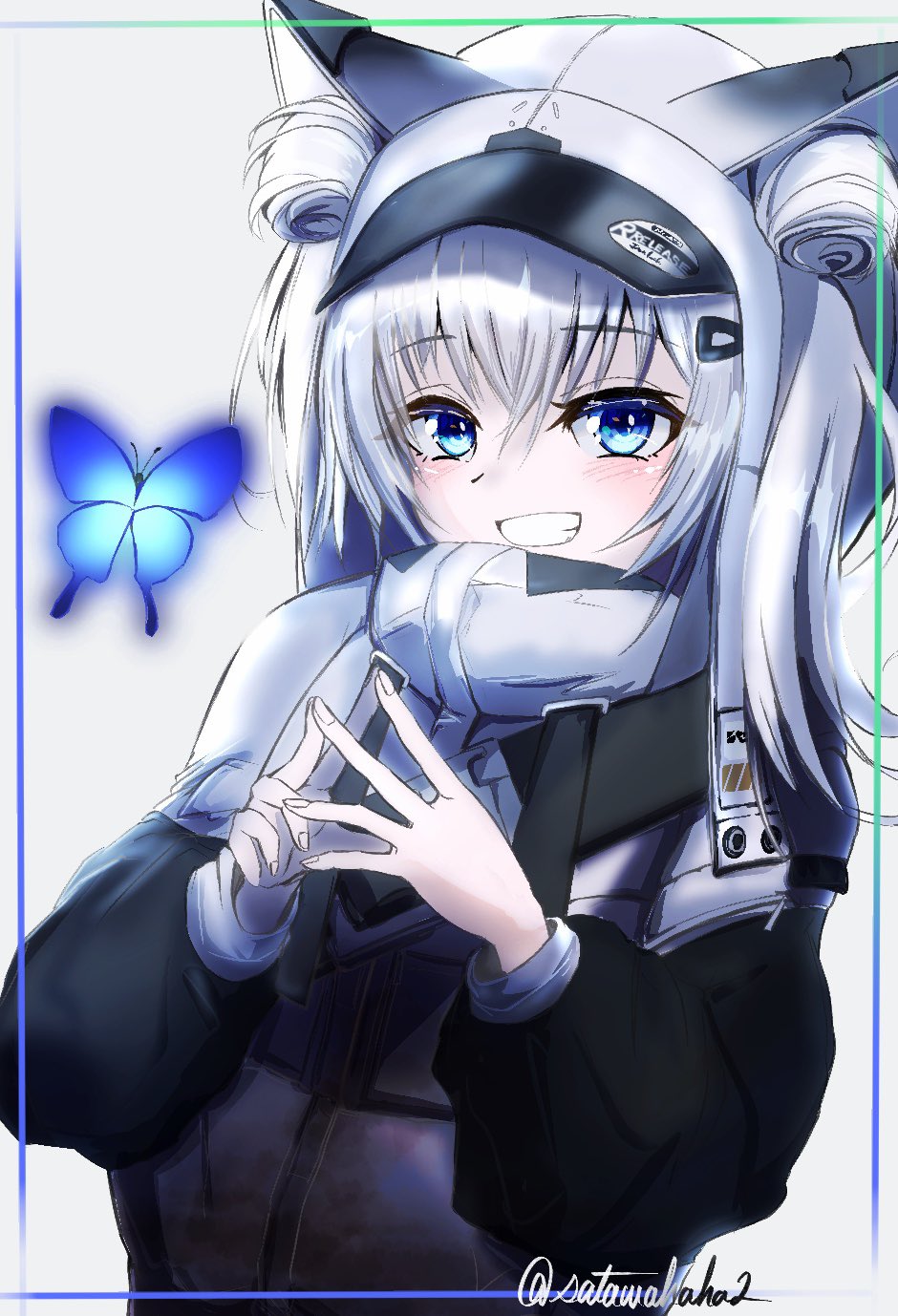 1girl, animal_ear_headwear, animal_ears, black_jacket, blue_butterfly, blue_eyes, bug, butterfly, double_bun, fake_animal_ears, goddess_of_victory:_nikke, grey_hair, grey_jacket, grin, hair_between_eyes, hair_bun, hair_ornament, hairclip, highres, jacket, light_blush, multicolored_clothes, multicolored_jacket, n102_(nikke), satawahaha2, smile, solo, twitter_username, two-tone_jacket, upper_body, visor_cap