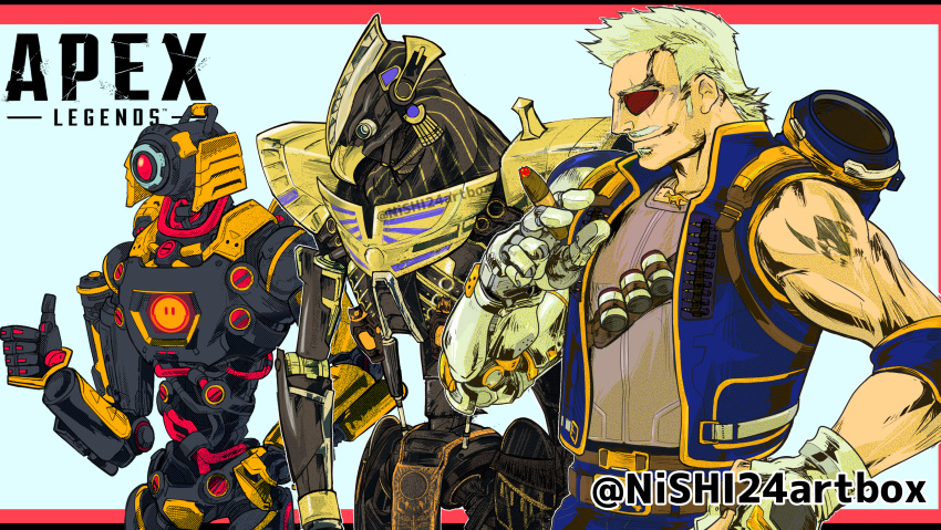 3boys, absurdres, apex_legends, beard, blue_vest, blush, cigar, copyright_name, eyepatch, facial_hair, fuse_(apex_legends), gloves, green_eyes, grey_gloves, grey_shirt, hair_behind_ear, hand_on_own_hip, highres, holding, holding_cigar, humanoid_robot, logo, loincloth, looking_down, male_focus, mechanical_arms, multiple_boys, muscular, muscular_male, nishi24_(hiroki_nishi), one-eyed, one_eye_covered, pathfinder_(apex_legends), red_eyes, revenant_(apex_legends), robot, shadow_on_the_sun_revenant, shirt, simulacrum_(titanfall), single_mechanical_arm, sleeveless, sleeveless_shirt, smile, soul_patch, thumbs_up, twitter_username, vest, war_path_pathfinder