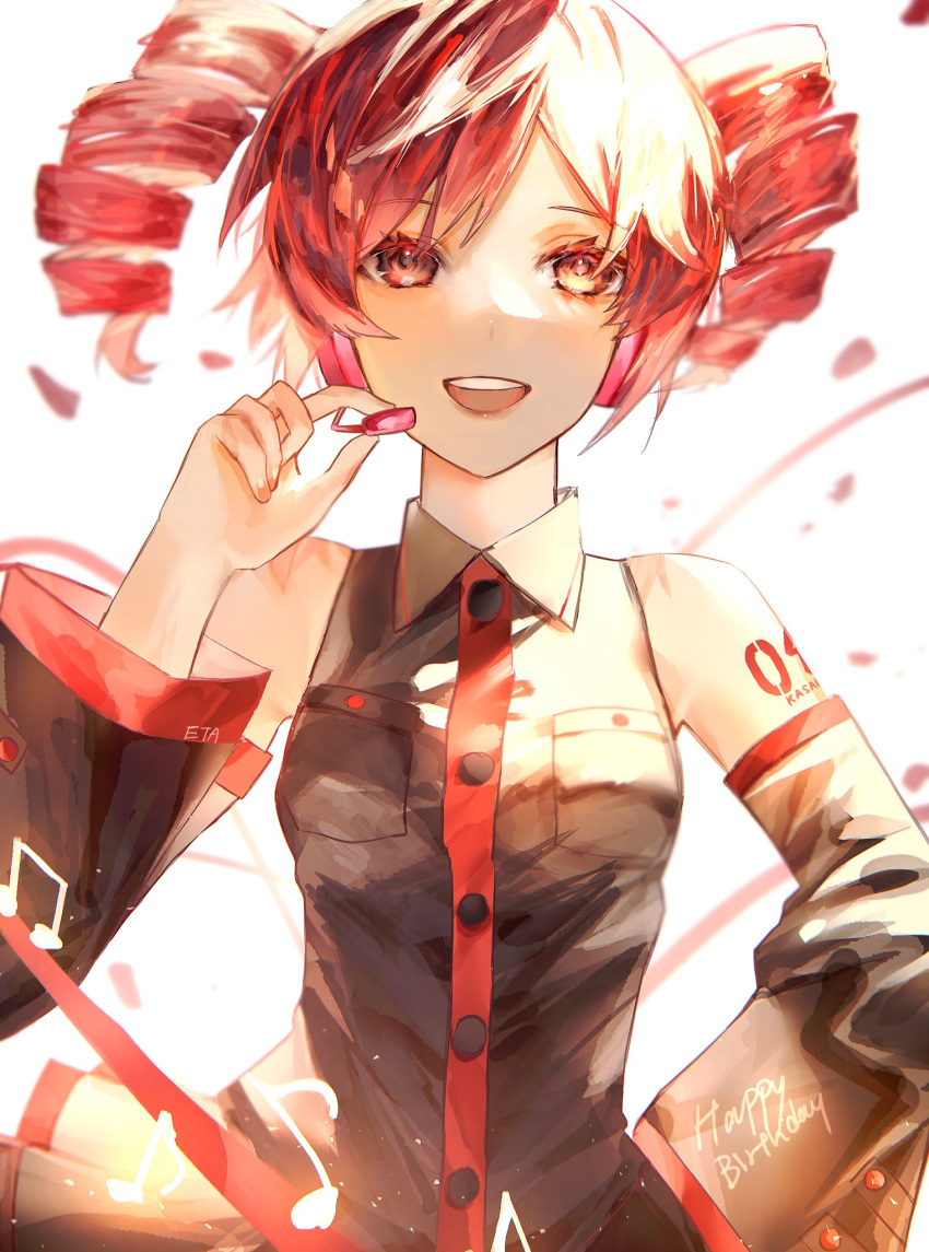1girl, bare_shoulders, beamed_eighth_notes, black_shirt, black_skirt, black_sleeves, bloom, breast_pocket