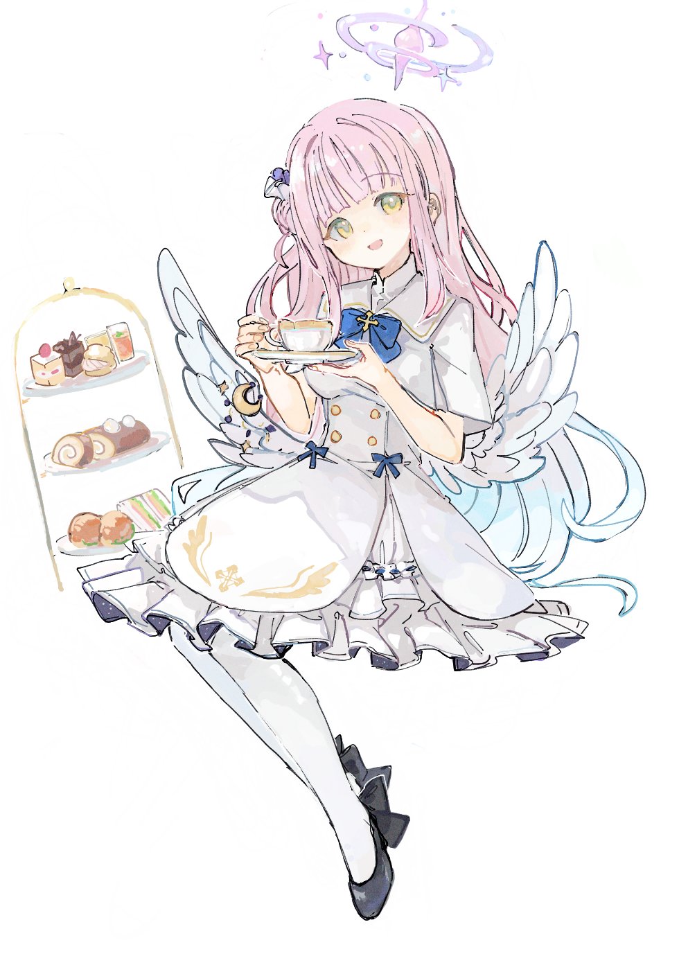 1girl, :d, black_footwear, blue_archive, blue_bow, blue_bowtie, blue_ribbon, blunt_bangs