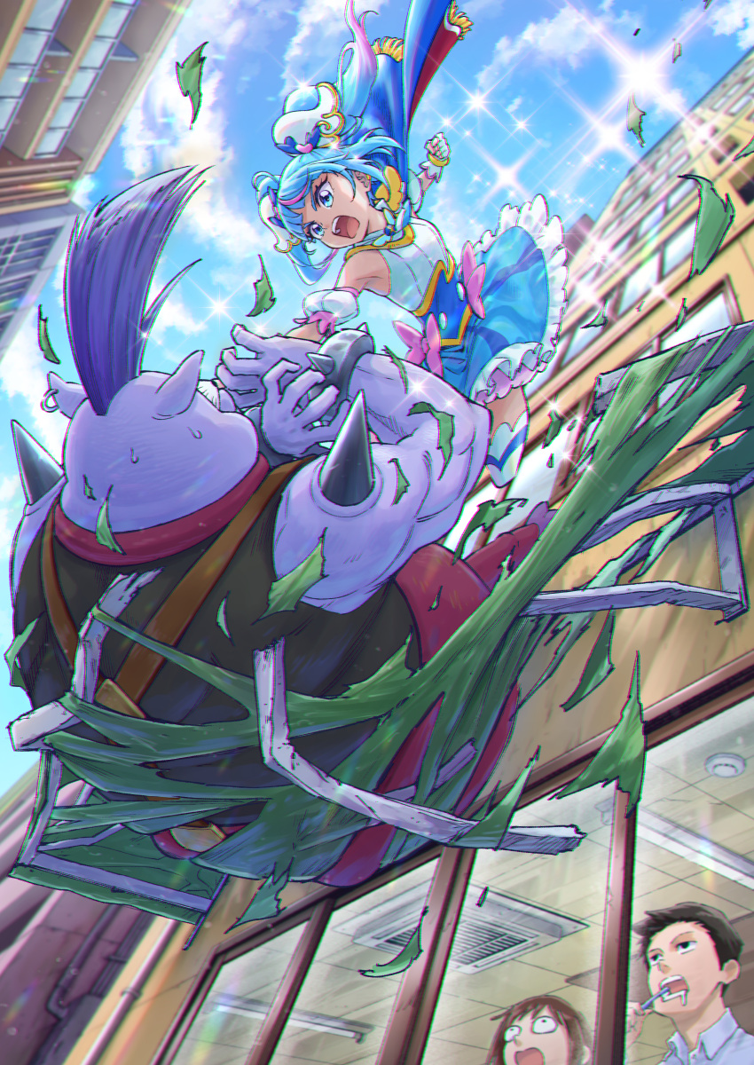 2boys, 2girls, absurdres, battle, black_hair, blue_eyes, blue_hair, brown_hair