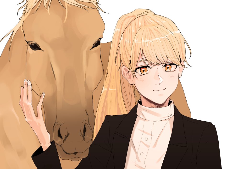 1girl, 34fa11inlove, alternate_costume, animal, black_jacket, blazer, blonde_hair, buttons, closed_mouth, collared_shirt, fingernails, hand_on_animal, high_ponytail, horse, jacket, kirari_hikaru, lapels, long_hair, long_sleeves, looking_at_viewer, magia_record:_mahou_shoujo_madoka_magica_gaiden, mahou_shoujo_madoka_magica, open_clothes, open_jacket, orange_eyes, portrait, shirt, smile, solo, split_mouth, swept_bangs, white_shirt