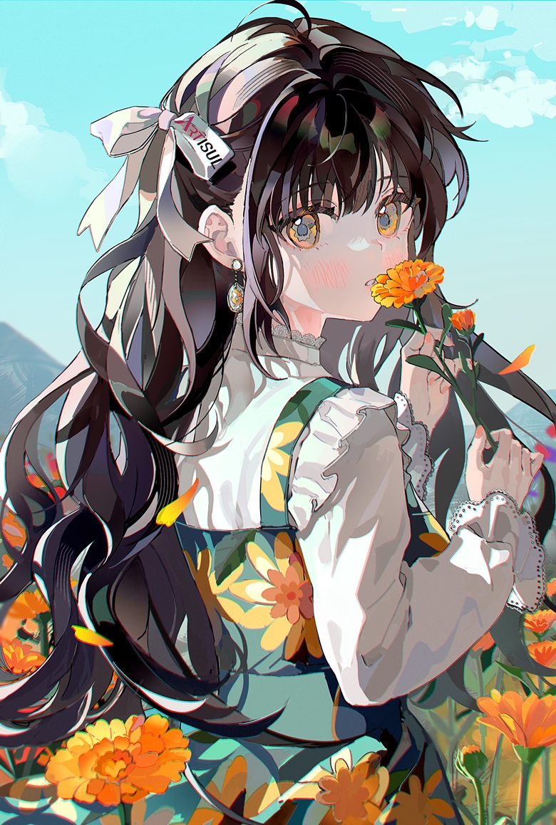1girl, artisul, back, black_hair, blue_sky, blush, bow, clothes_writing