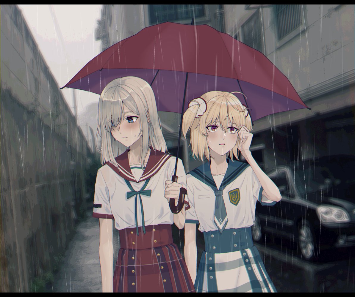 2girls, 34fa11inlove, adapted_costume, ahoge, aqua_ribbon, arm_at_side, ayano_rika, blonde_hair, blue_eyes, blue_necktie, blue_sailor_collar, blue_skirt, blush, breast_pocket, building, buttons, car, chuuou_academy_school_uniform, closed_mouth, cowboy_shot, diagonal_bangs, eyes_visible_through_hair, gingham_skirt, hair_between_eyes, hair_over_one_eye, hand_up, holding, holding_umbrella, isuzu_ren, kamihama_university_affiliated_school_uniform, letterboxed, long_bangs, looking_away, magia_record:_mahou_shoujo_madoka_magica_gaiden, mahou_shoujo_madoka_magica, medium_hair, motor_vehicle, multiple_girls, neck_ribbon, necktie, outdoors, parted_lips, plaid, plaid_skirt, pleated_skirt, pocket, rain, red_eyes, red_sailor_collar, red_umbrella, ribbon, sailor_collar, sailor_shirt, school_emblem, school_uniform, serafuku, shirt, short_hair, short_necktie, short_sleeves, skirt, split_mouth, summer_uniform, two_side_up, umbrella, wet, wet_clothes, wet_shirt, white_shirt