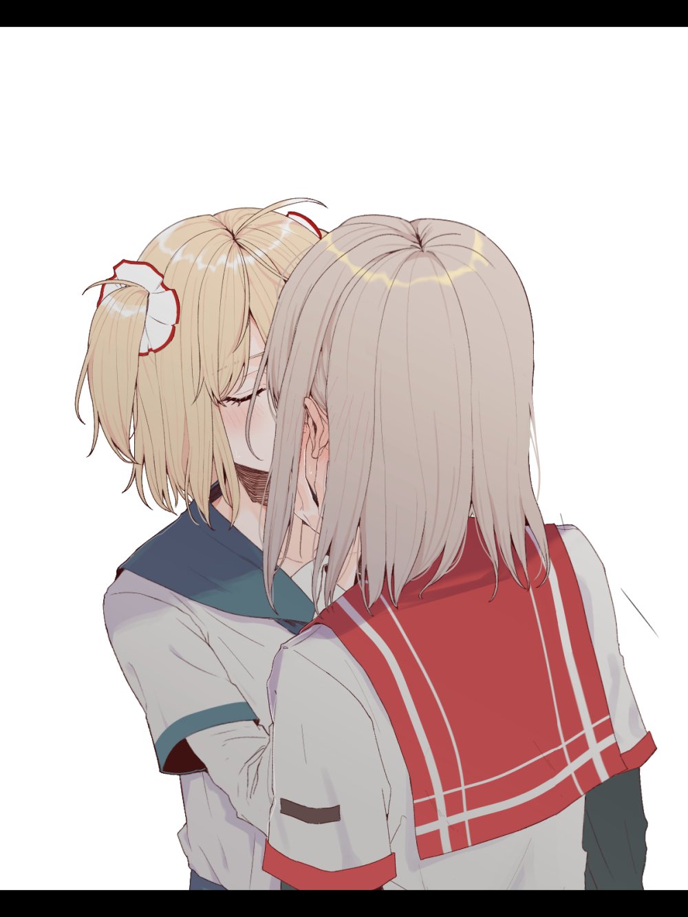 2girls, 34fa11inlove, ahoge, arms_at_sides, ayano_rika, black_sleeves, blonde_hair, blue_sailor_collar