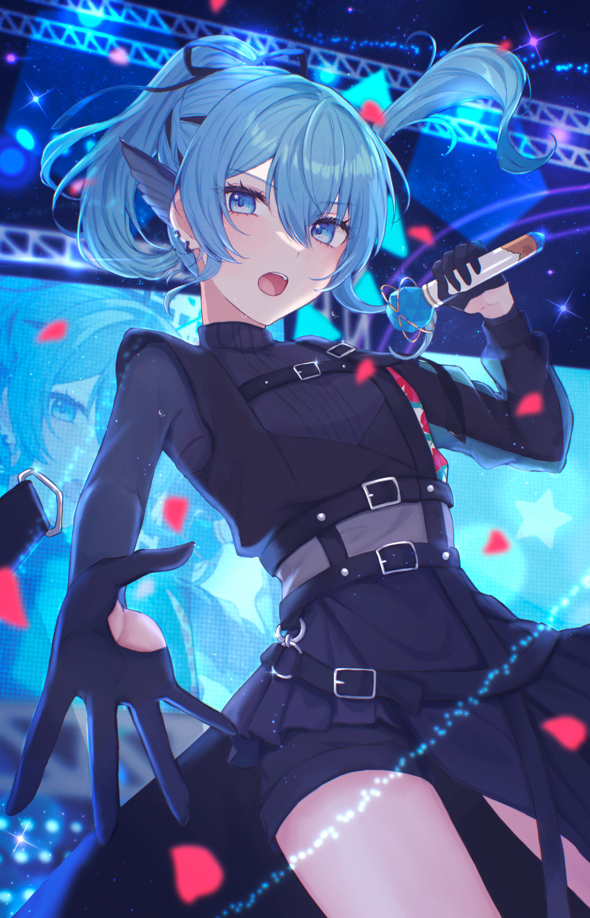 1girl, absurdres, belt, black_belt, black_gloves, black_shorts, blue_eyes, blue_hair