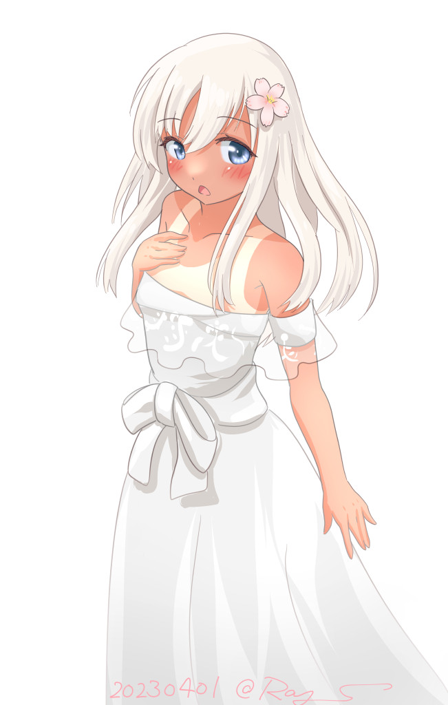1girl, alternate_costume, bare_shoulders, blue_eyes, cosplay, dated, dress, feet_out_of_frame