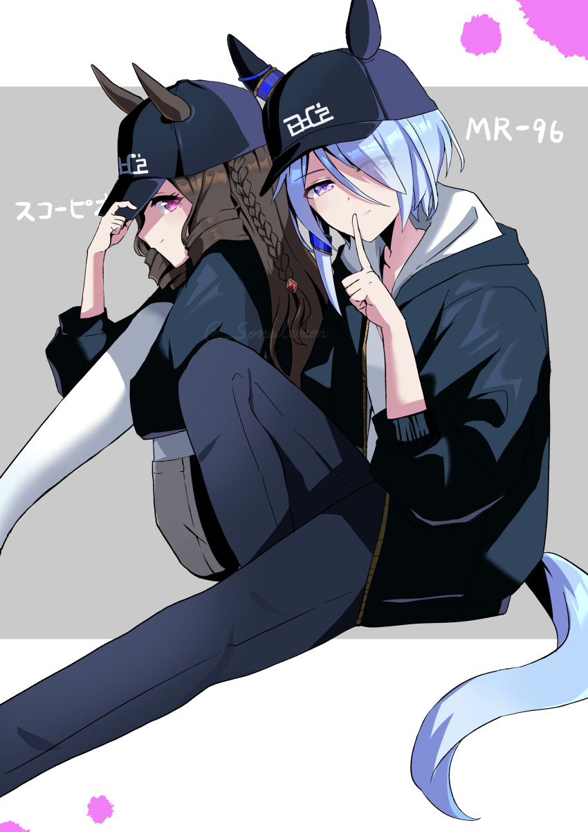 2girls, absurdres, animal_ears, baseball_cap, black_headwear, black_jacket, blue_hair, brown_hair