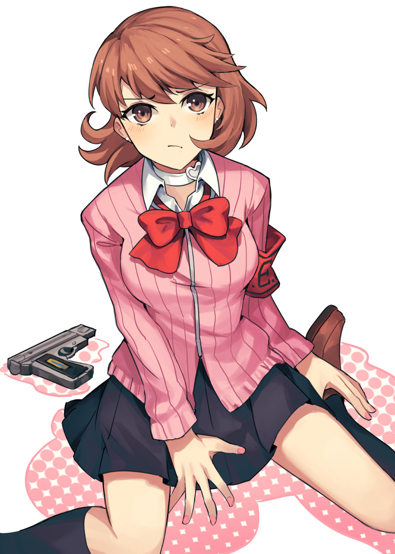 1girl, :/, between_legs, black_skirt, black_socks, blush, bow, breasts