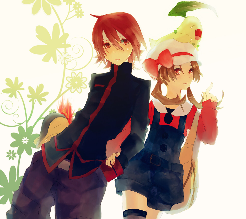 chikorita, couple, cyndaquil, hat, kotone_(pokemon), linked_arms, locked_arms, morphine_(pixiv)