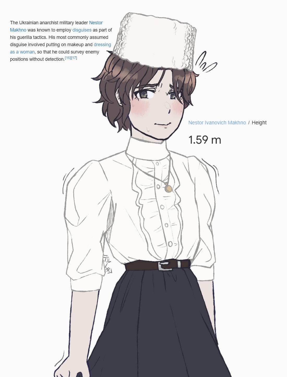 1boy, belt, black_eyes, black_skirt, blookswashinda, blush, brown_belt, brown_hair, commentary, cowboy_shot, crossdressing, english_commentary, flying_sweatdrops, frilled_shirt, frills, hat, height, highres, jewelry, male_focus, motion_lines, necklace, nervous, nervous_smile, nestor_makhno, otoko_no_ko, parted_bangs, real_life, shirt, short_sleeves, simple_background, skirt, smile, solo, sweatdrop, trembling, ukrainian_clothes, white_background, white_headwear, white_shirt
