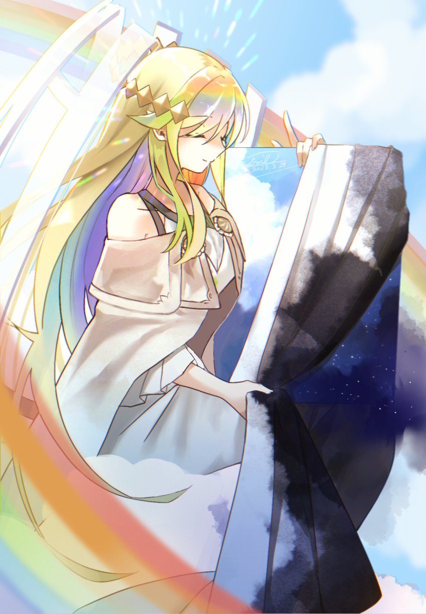1girl, bare_shoulders, chromatic_aberration, closed_eyes, clouds, dated, dress, duel_monster