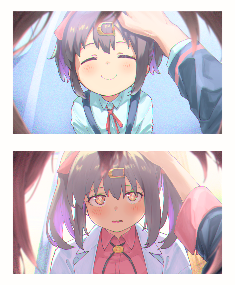1boy, 2girls, @_@, age_comparison, age_progression, aged_down, before_and_after, black_hair, blush, bolo_tie, brother_and_sister, commentary_request, facing_viewer, female_pov, hair_between_eyes, hair_ornament, hair_ribbon, hairclip, headphones, kaede_(harutan109), labcoat, looking_at_viewer, medium_hair, multicolored_hair, multiple_girls, neck_ribbon, onii-chan_wa_oshimai!, open_mouth, oyama_mahiro, oyama_mahiro_(male), oyama_mihari, pink_hair, pov, pov_hair, pov_hands, purple_hair, red_ribbon, red_shirt, ribbon, shirt, short_hair, siblings, sisters, smile, suspenders, twintails, two-tone_hair, wavy_mouth, white_shirt