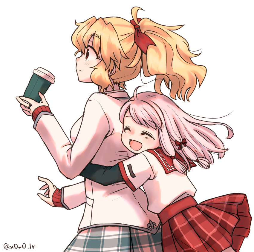 2girls, :d, absurdres, ahoge, black_sleeves, blonde_hair, blue_skirt, blush, bow, child, closed_eyes, coffee_cup, collared_shirt, cup, disposable_cup, elisa_celjska, female_child, fleur-de-lis, from_behind, hair_bow, highres, holding, holding_cup, holy_maiden_academy_school_uniform, hug, hug_from_behind, jacket, jewelry, kamihama_university_affiliated_school_uniform, layered_sleeves, long_sleeves, low_tied_sidelocks, magia_record:_mahou_shoujo_madoka_magica_gaiden, mahou_shoujo_madoka_magica, medium_hair, miniskirt, multi-tied_hair, multiple_girls, pink_hair, plaid, plaid_skirt, pleated_skirt, ponytail, red_bow, red_eyes, red_sailor_collar, red_skirt, red_sweater, ribbed_sweater, ring, rioran, sailor_collar, sailor_shirt, school_uniform, serafuku, shirt, short_over_long_sleeves, short_sleeves, sidelocks, simple_background, skirt, smile, surprised, sweater, swept_bangs, tamaki_ui, twintails, twitter_username, wavy_hair, white_background, white_jacket, white_shirt